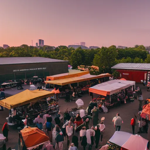 Image similar to film still, establishing shot of bustling farmers market, golden hour, high angle