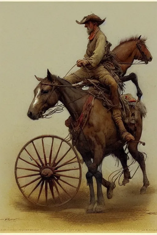 Image similar to ( ( ( ( ( ( ( ( man riding a horse ) ) ) ) ) ) ) ) with wheels!!!!!!!!!!!! wagon!!!!!!!!!!!!!! by jean baptiste monge!!!!!, muted colors, detailed