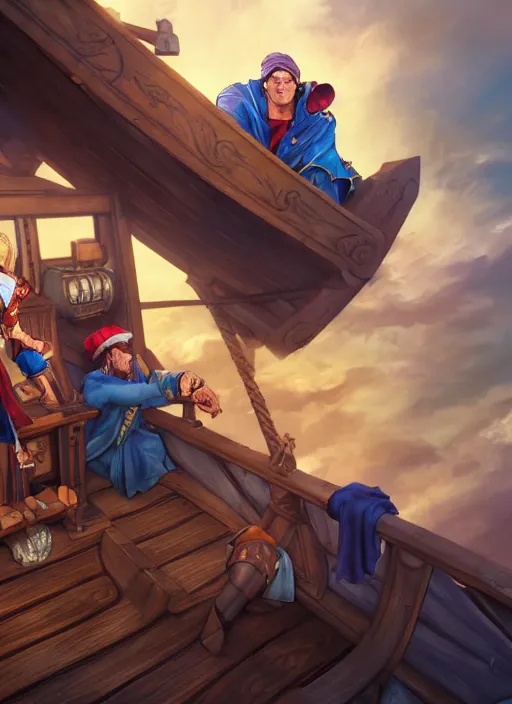 Prompt: an epic fantasy comic book style portrait painting of two bumbling idiot onepiece on the deck of a skyship looking at a chest, unreal 5, daz, hyperrealistic, octane render, cosplay, rpg portrait, dynamic lighting, very detailed faces