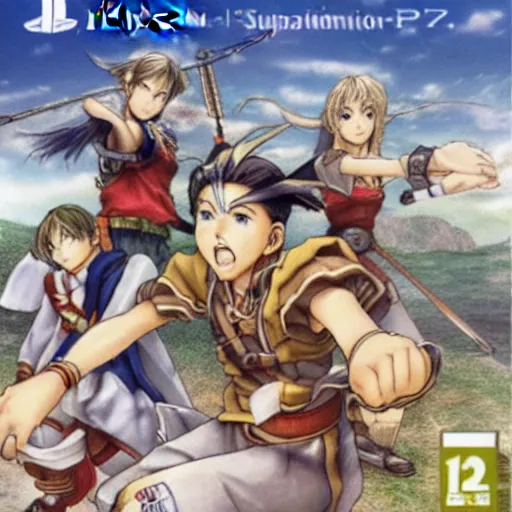 Prompt: suikoden, playstation, cover art