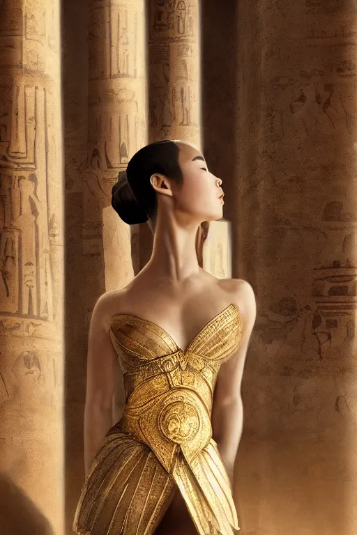 Image similar to stunningly beautiful, filipina prima ballerina in egyptian ruins, symmetrical face, golden hour, smooth, focus, highly detailed, hyper realistic, dramatic lighting, elegant, intricate, concept art, art by wlop, mars ravelo, greg rutowski, artstation