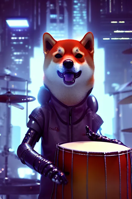 Image similar to high quality 3 d render very cute cyborg shiba inu plays drums, cyberpunk highly detailed, unreal engine cinematic smooth, in the style of blade runner & pixar, hannah yata charlie immer, moody light, low angle, uhd 8 k, sharp focus