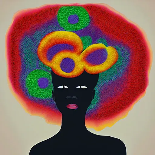 Prompt: the abstract painting of an image of afro lady artistic flat illustration by larry klewchuk, surrealism