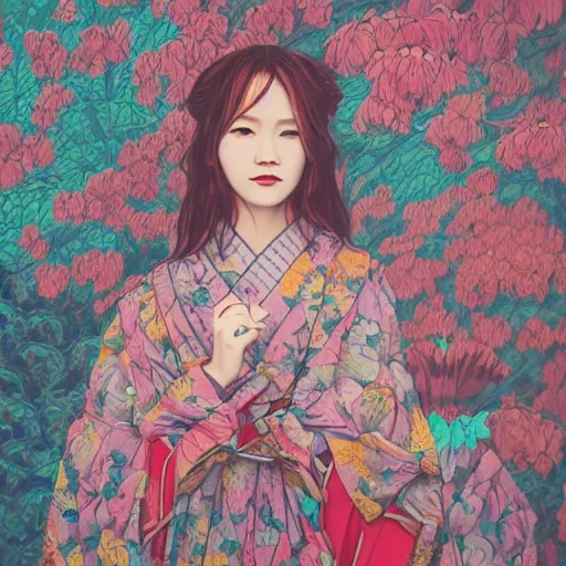 Image similar to close-up portrait of Lalisa Manobal, original art by James Jean, flowy, rgb, rule of thirds, captivating, cinematic, kyoto japan setting
