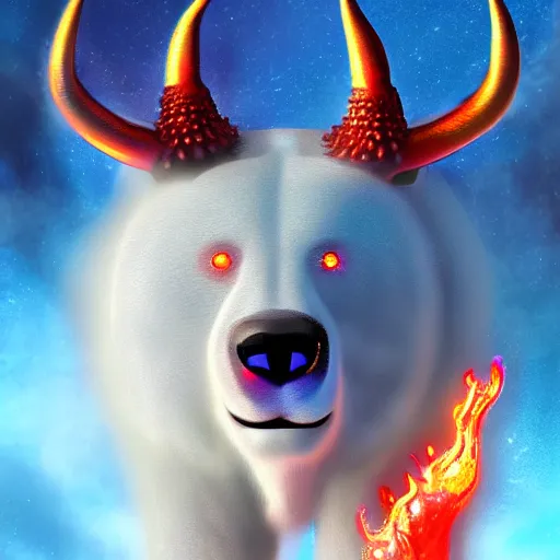 Image similar to epic frost bear, flaming horns, bright red eyes, insanity, long shot angle, despair, highly detailed digital art