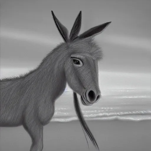 Prompt: “a miserable donkey crying by the seashore, sorrowful, detailed realistic donkey”