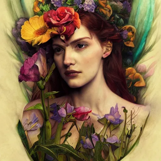 Image similar to flower queen, by annie swynnerton and tino rodriguez and charlie bowater, dramatic lighting, floral tattoos, rich colors, smooth sharp focus, extremely detailed, adolf wolfli