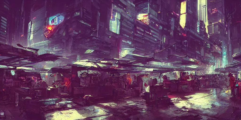 Image similar to busy sci - fi flea market, artstation contest winner. cyberpunk, dark and moody. 7 0 fov