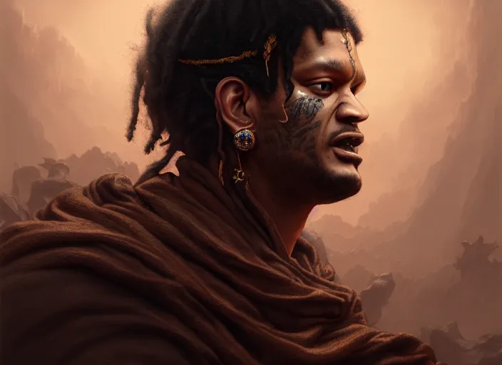 Image similar to fredo santana, fantasy, dramatic, intricate, elegant, highly detailed, digital painting, artstation, concept art, smooth, sharp focus, illustration, art by Gustave Dore, octane render