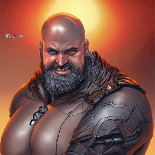 Prompt: chonky ethan van sciver with a bald head, grey trimmed beard l and a pointy nose, riding on a sad dark horse, full view, beautiful artwork by artgerm and rutkowski, breathtaking, beautifully lit, dramatic, full view