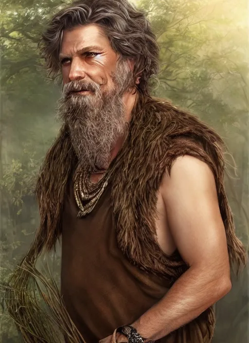 Prompt: a relaxed male middle aged druid in a sleeveless west, short brown hair, stringy, full body, 8 k, hyperrealistic, hyperdetailed, fantasy portrait by laura sava