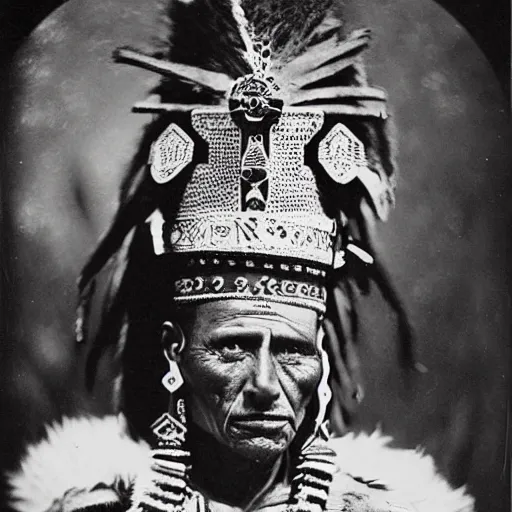 Image similar to vintage photo of an aztec king by edward s curtis, photo journalism, photography, cinematic, national geographic photoshoot