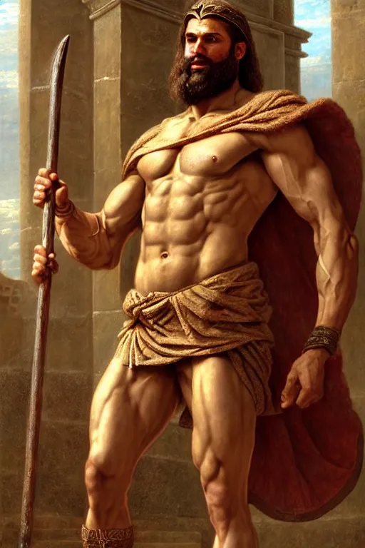 Prompt: ancient spartan gigachad hero in ancient courtyard, wearing a toga, holding a spear, babylonian beard, herculean bulging muscular figure, beautiful gigachad, soft lighting, highly detailed face!!, sharp focus, artstation, sophie anderson, arnold armitage, loish, thomas kinkade