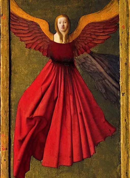 Image similar to Flying Fallen Angel with wings dressed in red, Medieval painting by Jan van Eyck, Johannes Vermeer, Florence