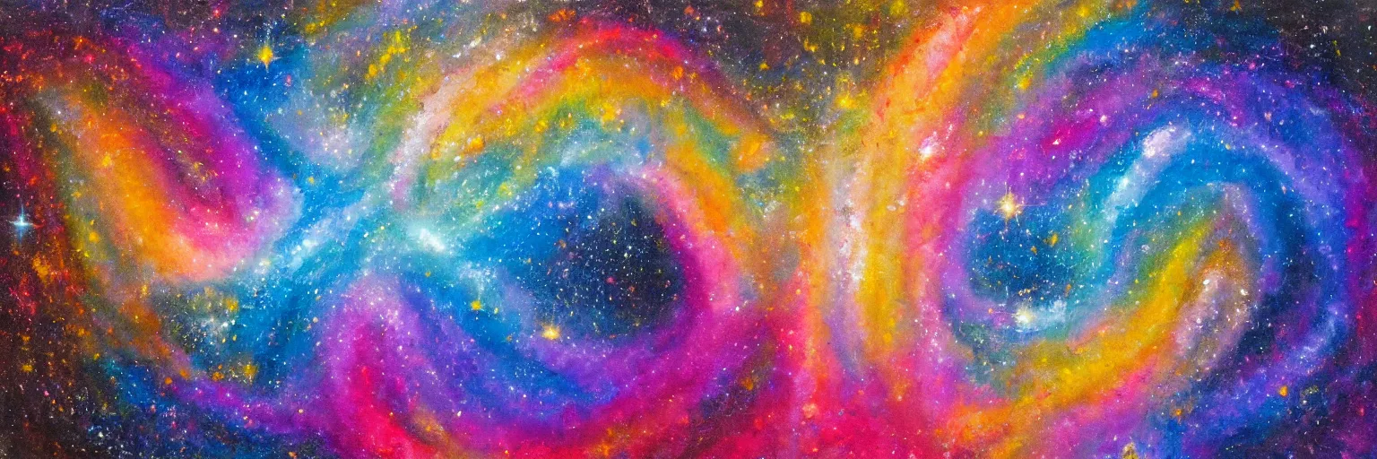 Image similar to an oil painting of hyper realistic galaxy colliding, colourful