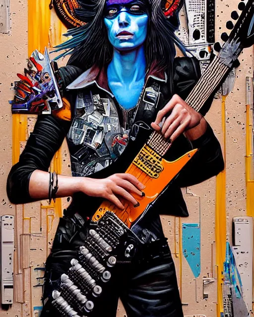 Prompt: a portrait of an anthropomorphic cyberpunk raven shredding an electric guitar as the guitar melts by sandra chevrier, by jon foster, detailed render, tape deck, epic composition, cybernetics, 4 k realistic, cryengine, realistic shaded lighting, sharp focus, masterpiece, by enki bilal