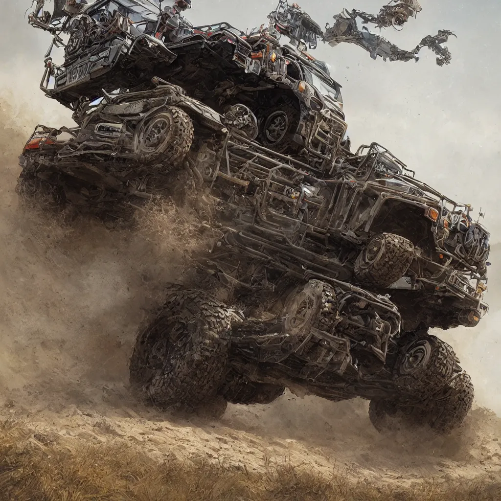 Image similar to full view of a off-road truck, intricate, elegant, highly detailed, digital painting, concept art, smooth, sharp focus, art style from Greg Rutkowski and Bruce Kaiser and Scott Robertson and Dmitry Mazurkevich and Doruk Erdem and Jon Sibal