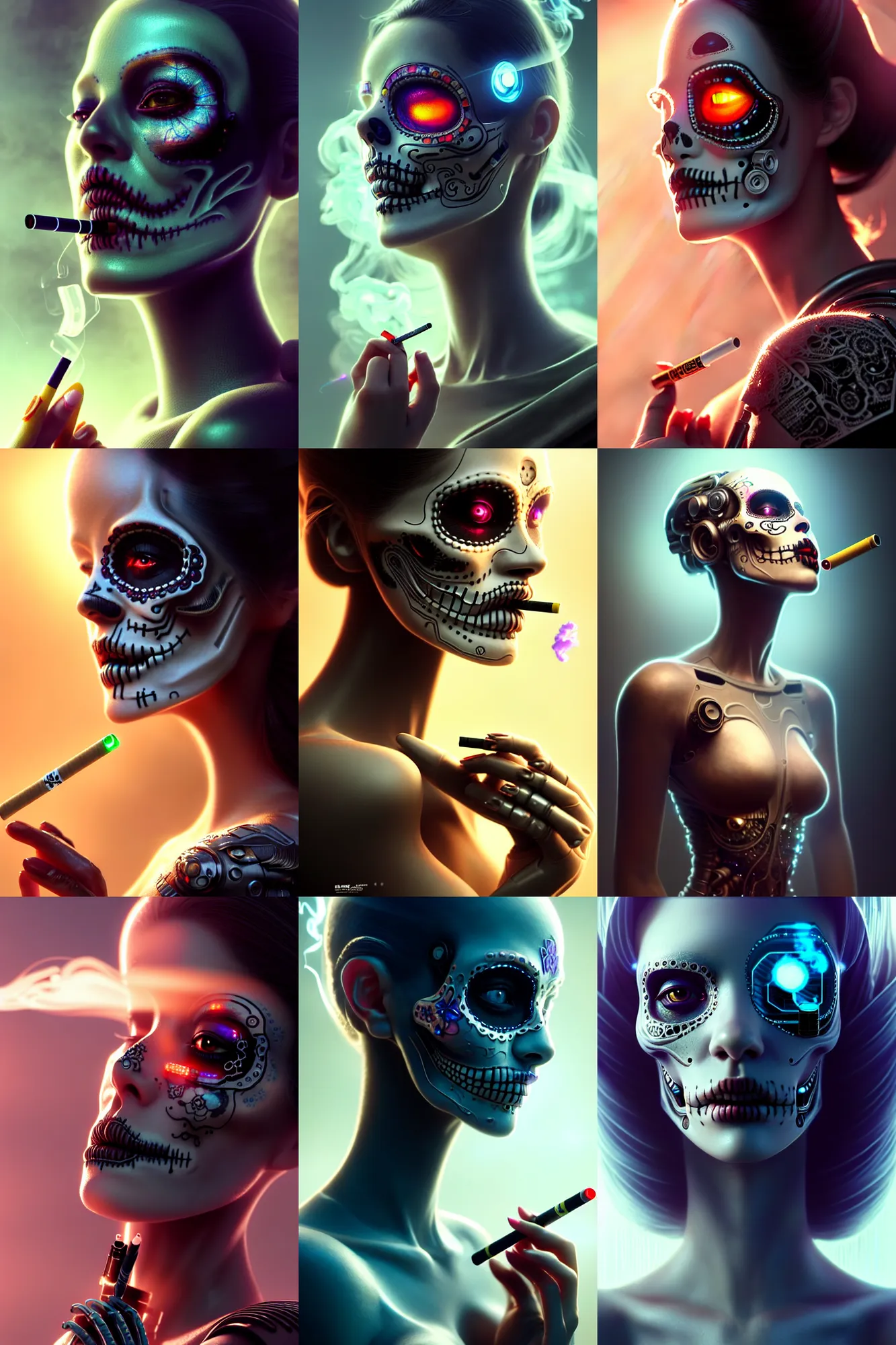 Prompt: ultra detailed, beautiful female android smoking a cigarette, scifi, cyborg, fantasy, ( dia de los muertos ), cinematic, intricate detailed, global illumination, octane render, concept art. smoke, calm. photorealistic art by godmachine and michael welan and rossdraws and artgerm and greg rutkowski and wlop. 8 k, hdr