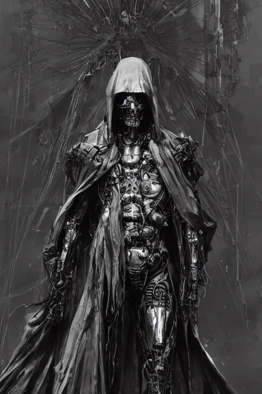 Image similar to cybernetic grim reaper in a black hooded robe by Tsutomu Nihei by Emil Melmoth, by stuz0r, Craig Mullins, yoji shinkawa, cross, artstation, pete morbacher, hyper detailed, very detailed, artstation, rendering by octane, shallow depth of field, uplight