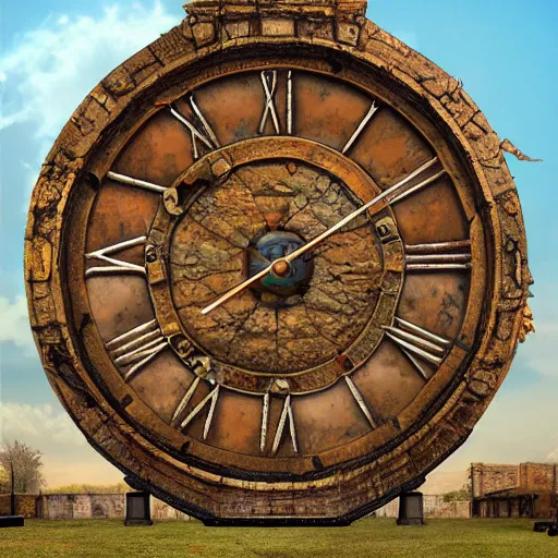 Image similar to vast archaeological ruins featuring a giant clock tower made of rusty scrap parts, trending on artstation, highly detailed, cinematic