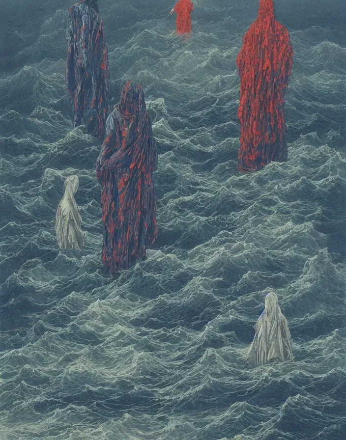 Image similar to worshippers in robes belonging to the cult of the lighthouse standing in waves, a lighthouse, high detailed Beksinski painting, part by Adrian Ghenie and Gerhard Richter and Ian Miller. art by Takato Yamamoto. masterpiece, deep colours, blue