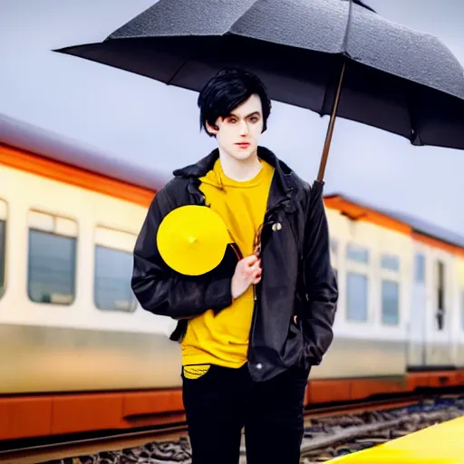 Prompt: young adult, male, medium length black hair, brown eyes, pale skin, standing on a train platform, night, holding a yellow umbrella, anime style