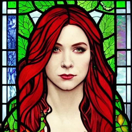 Prompt: a stunningly detailed stained glass window of a beautiful alison hannigan as poison ivy with white skin and with hair pulled up in a ponytail, dark eyeliner, intricate, elegant, highly detailed, digital painting, artstation, concept art, sharp focus, illustration, art by greg rutkowski and alphonse mucha