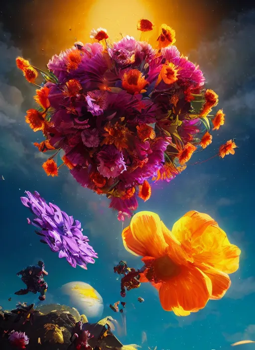 Image similar to An epic fantastic realism comic book style painting of the most beautiful flowers launched into space, bouquets, solar eclipse, fisheye, unreal 5, DAZ, hyperrealistic, octane render, dynamic lighting