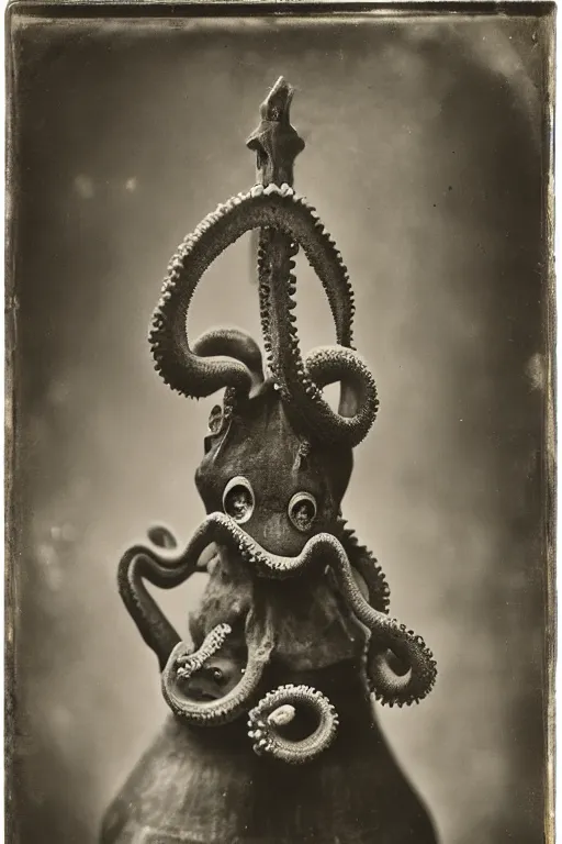 Prompt: a wet plate photo of an anthropomorphic octopus as pope