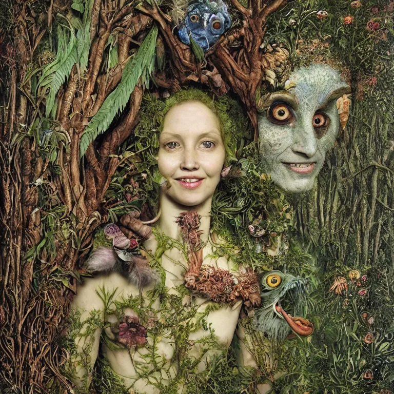 Prompt: a fish eye lense photograph of a grinning alien dryad with goat pupils transforming herself into a beast. her skin is covered in scales and feathers. flowers surround her body and trees tower around her. painted by jan van eyck, max ernst and ernst haeckel, trending on artstation, 8 k, award winning, hard lighting, photorealistic painting, fashion editorial