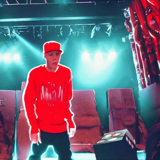 Image similar to still of an award - winning movie of eminem rapping on stage alongside a cartoon chocolate m & m candy, hyperdetailed, hdr, studio lighting, studio quality effects, epic!!!!!! 4 k, 8 k