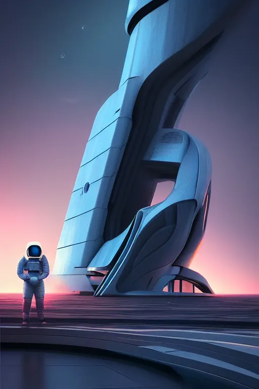 Image similar to a futuristic scene with an astronaut in front of a zaha hadid building in the style of chris moore, cinematic matte painting, extreme detail photo quality, dark moody colors, sunset, featured on behance