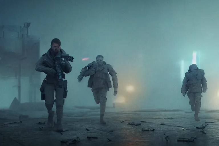 Image similar to vfx film closeup, blade runner 2 0 4 9 futuristic soldiers shoot at enemy robots futuristic war, battlefield, war zone, shootout, dilapidated city ruins, running, shooting, explosion, battlefront, leaping, flat color profile low - key lighting award winning photography arri alexa cinematography, big crowd, hyper real photorealistic cinematic beautiful, atmospheric cool colorgrade