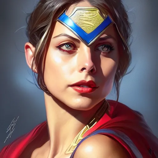 Image similar to Willa Holland as Super Girl, western, D&D, fantasy, intricate, elegant, highly detailed, digital painting, artstation, concept art, matte, sharp focus, illustration, art by Artgerm and Greg Rutkowski and Alphonse Mucha