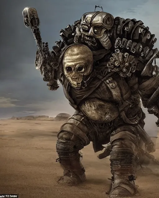 Image similar to a legless dwarf named master is strapped to the back of a mindless armored warrior called blaster, whom he rides like a horse. together they are known as master blaster. in the style of mad max beyond the thunderdome and director george miller, cinematic