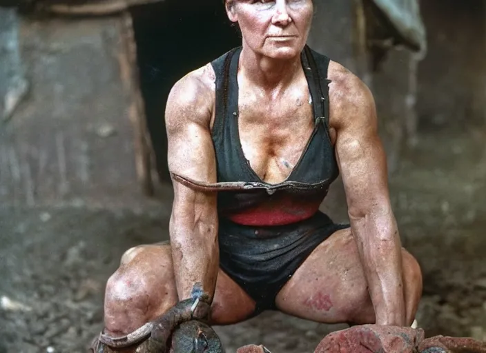 Image similar to A Very muscular coal miner woman, 90's professional color photograph.