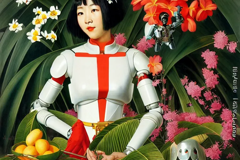 Prompt: a portrait of asian female with short black hair dressed with a robot knight plastic white armor dress from evangelion, sit in a throne surrounded by garlands of tropical fruits and flowers, masterpiece painted by jc leyendecker
