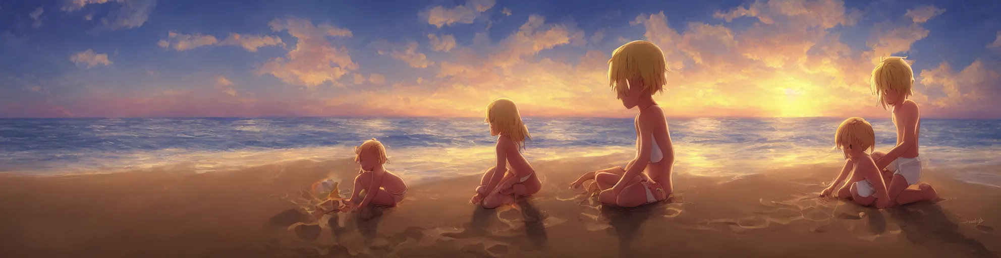 Image similar to beautiful, detailed digital painting of a blond-haired child making sandcastles on the beach and looking at the sunset, anime by Makoto Shinkai, sand, waves, trending on artstation