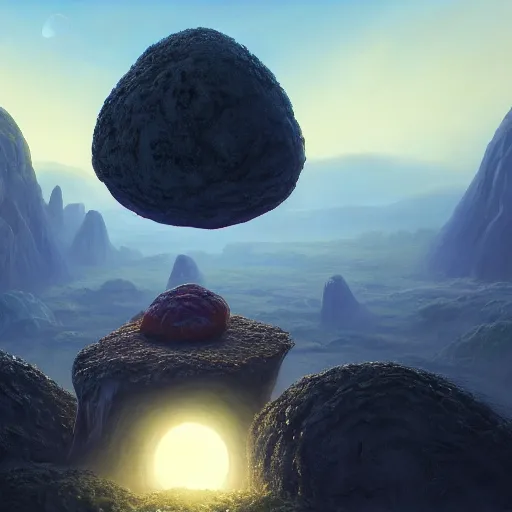 Prompt: a beautiful painting of a giant floating rock, small mushrooms full subject in view, by john harris, mark rothko, rendered in unreal engine, trending on artstation, epic scale fisheye view, deviantart, cyberpunk, 4 k