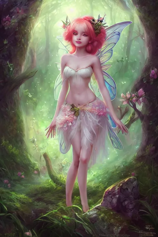 Image similar to a cute fairy in the dreamy forest, fantasy, 8 k resolution, hyper detailed, d & d, character design, digital painting, trending on artstation, sharp focus, illustration, art by artgerm, steve zheng, fuji choko, viktoria gavrilenko, hoang lap