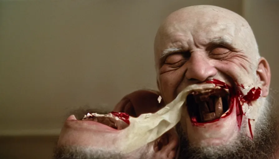 Prompt: 1 9 6 0 s movie still close - up of chrysippus of solis hysterically laughing on the floor with a bleeding mouth in a neoclassical marble room, cinestill 8 0 0 t 3 5 mm, high quality, heavy grain, high detail, dramatic light, anamorphic, detailed beard, by josef sudek