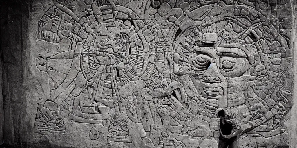 Image similar to pascal votan the space navigator as etched in stone, Mayan hieroglyph by Liam Wong and Boris Vallejo