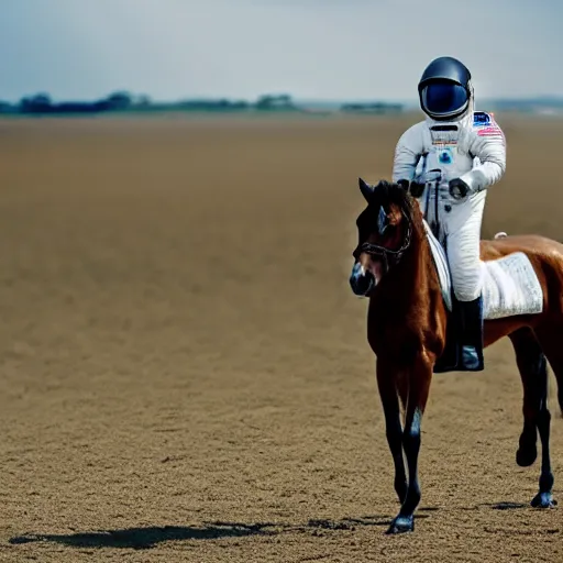 Image similar to A photograph of a horse riding an astronaut