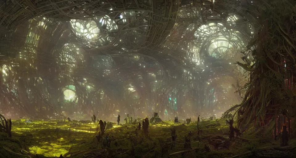 Image similar to Cyber space forest scene, Giant Aztec space city, fantasy, two moons lighting, intricate details ,by denis villeneuve, Ridley Scott, Greg Rutkowski and Alphonse Mucha