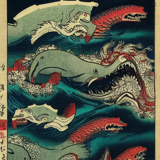 Image similar to A sea full of mythical monsters by Utagawa Kuniyoshi, ukiyo-e, nightmare ocean storm