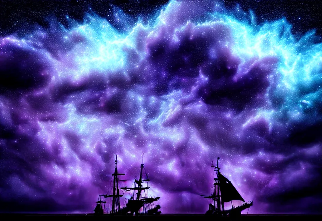 Image similar to purple color lighting storm with stormy sea close up of a pirate ship firing its cannons trippy nebula sky with dramatic clouds painting by banksy Photorealism