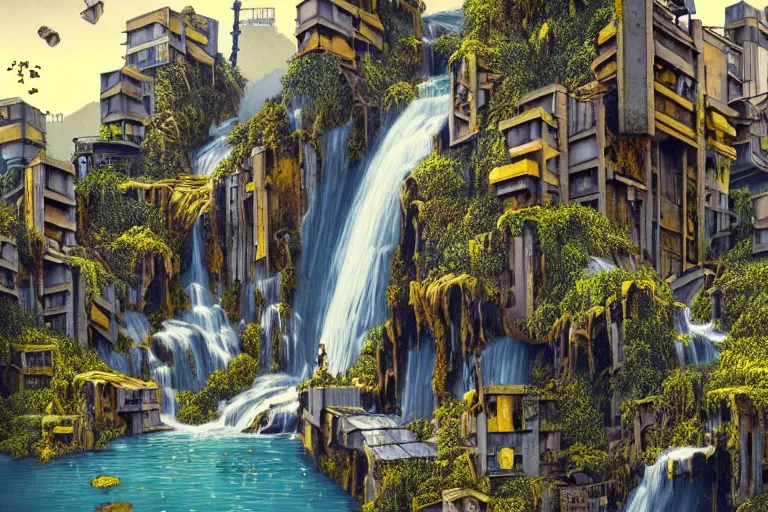 Image similar to brutalist waterfall favela honeybee hive, art nouveau environment, magma, industrial factory, award winning art, epic dreamlike fantasy landscape, ultra realistic,