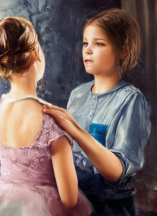 Image similar to a beautiful detailed photo of a girl painting an older girl in the mirror, realistic, f 8, 4 k hd wallpaper