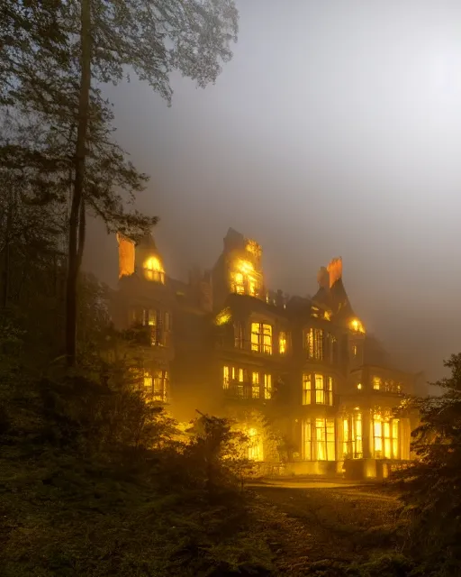 Image similar to a wide angle low photo of a colossal ghostly victorian mansion on the edge of a cliff above a misty forest at night, volumetric light, epic proportions, ultradetailed, 8 k