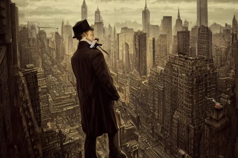 Image similar to portrait detective wearing a trench coat in profile smoking a sherlock holmes pipe on a perch facing the city at night, smooth, focus, highly detailed, hyper realistic, dramatic lighting, intricate, concept art, new york skyline, looking down, art by wlop, greg rutowski, artstation